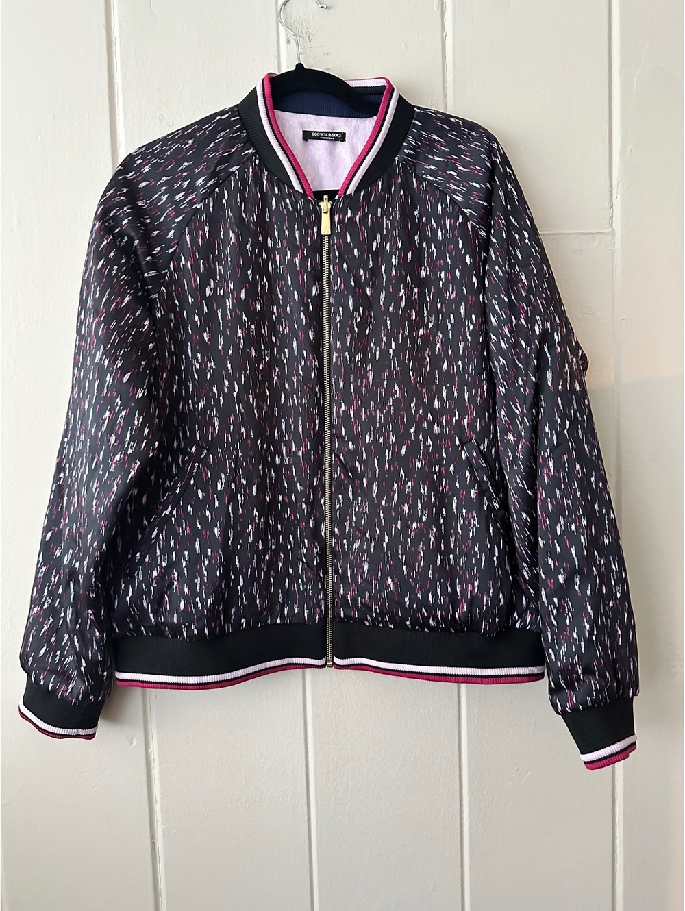 Scotch & Soda Reversible Satin Bomber Jacket Black Print Pink Women's Size Large